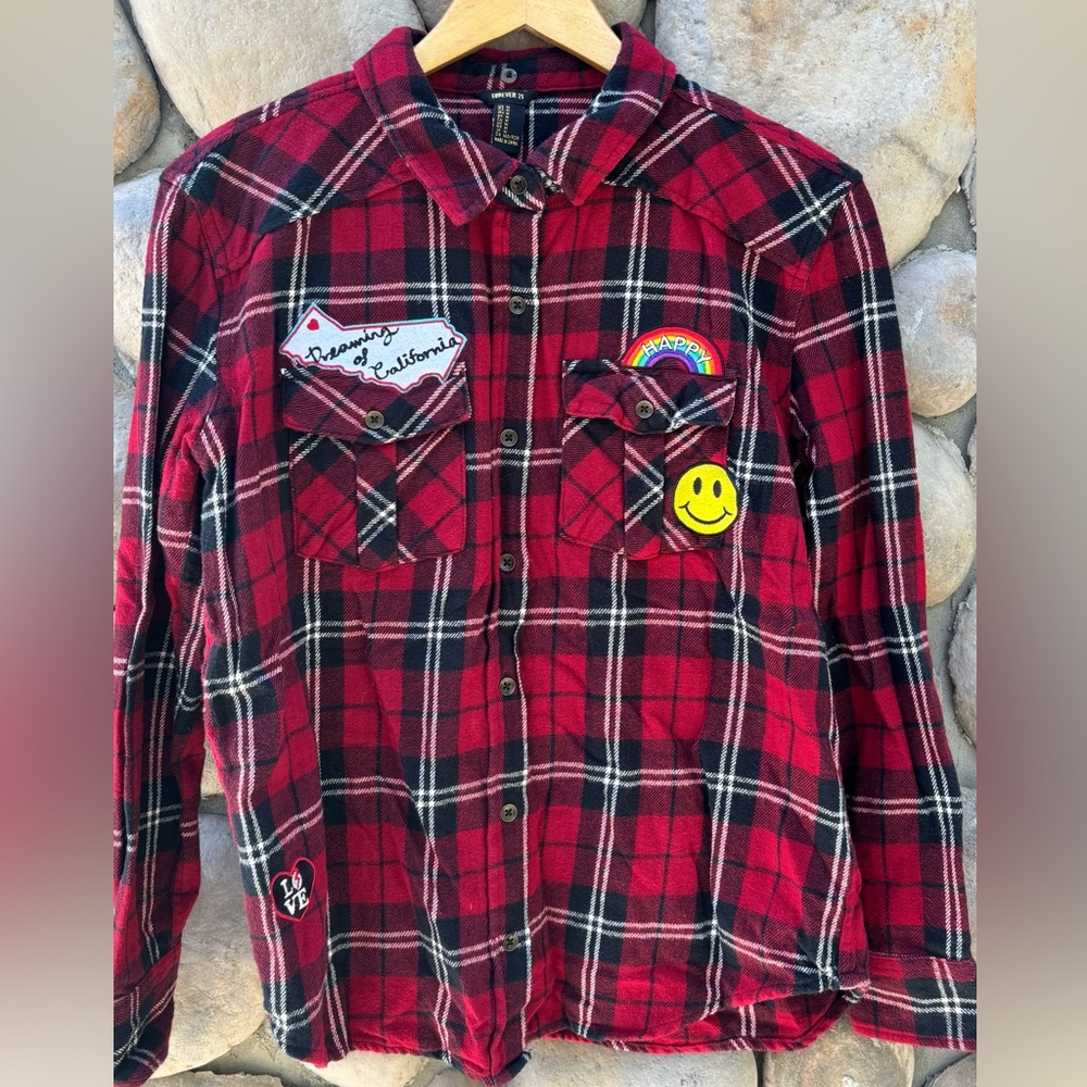 Forever 21 Red Plaid Button Down Flannel Shirt with Patch Details